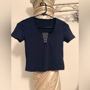 Navy Blue Women's Top with Pearl Detail